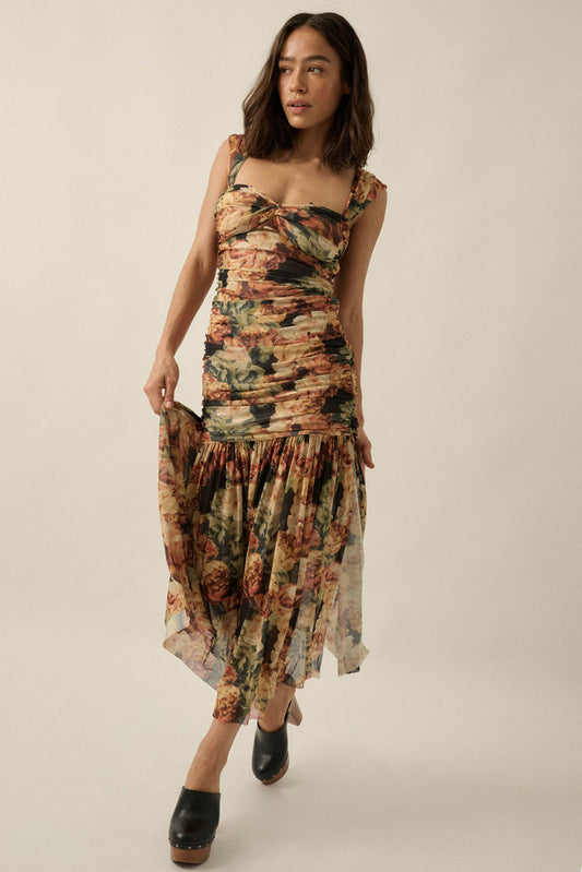 Ravishing Roses Floral Mesh Ruched Maxi Dress