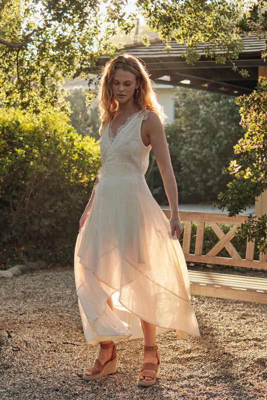 Finally Free Cotton Gauze and Lace Wrap Maxi Dress