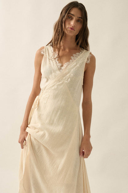 Finally Free Cotton Gauze and Lace Wrap Maxi Dress
