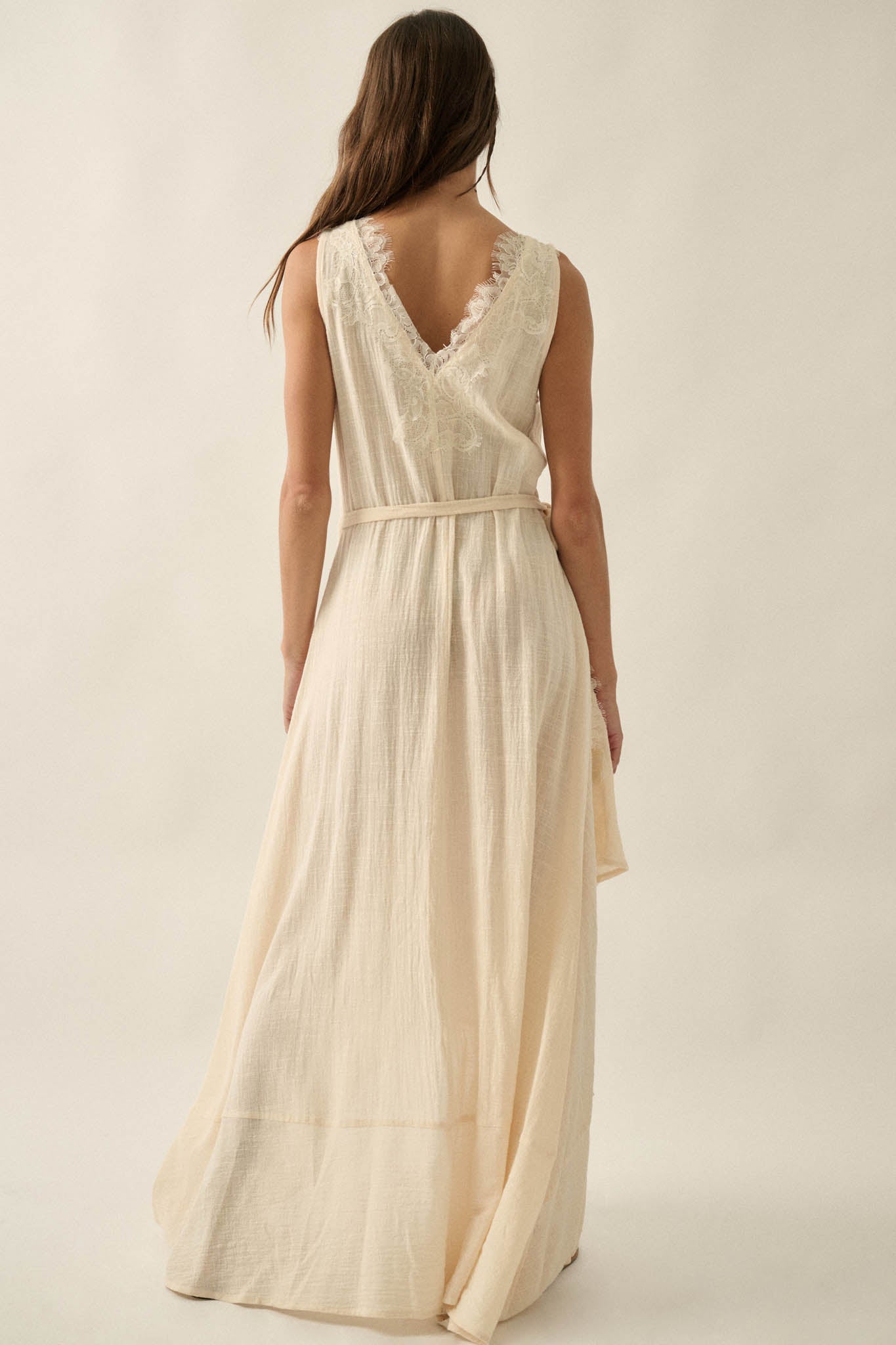 Finally Free Cotton Gauze and Lace Wrap Maxi Dress