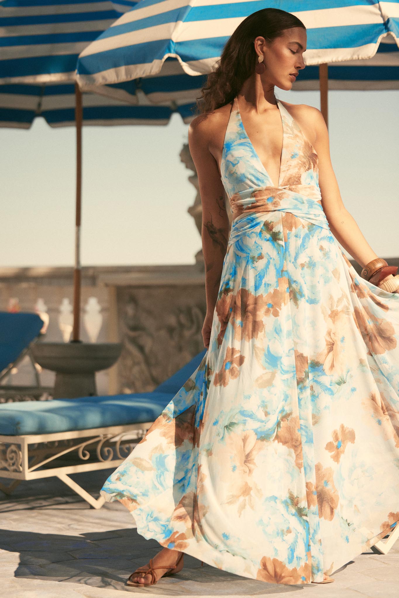 Heavenly Blossoms Floral Mesh Halter Maxi Dress