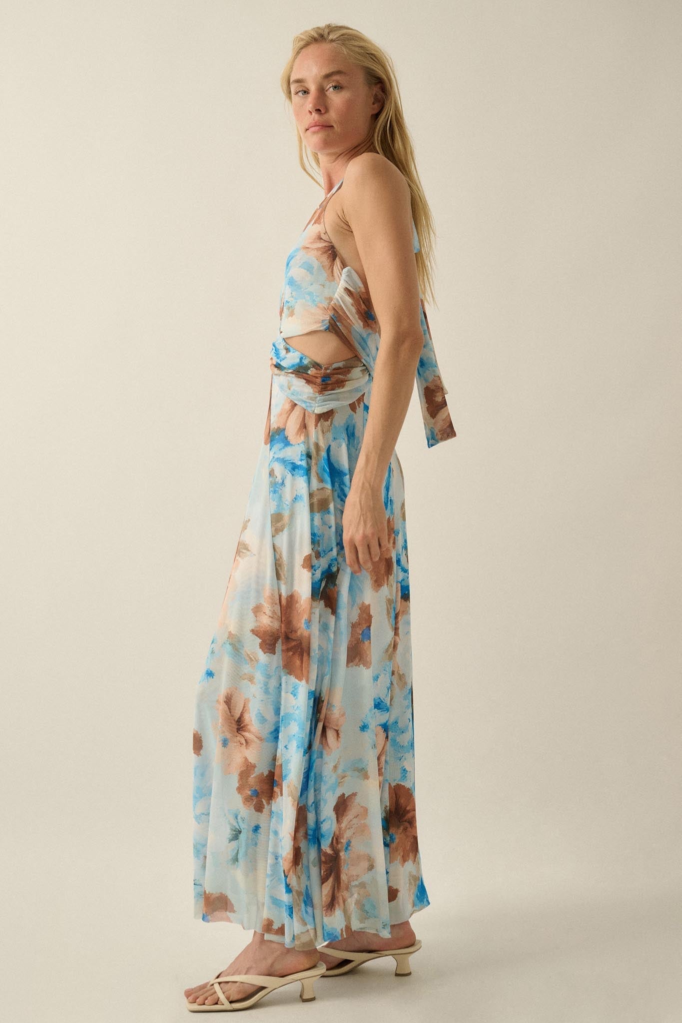 Heavenly Blossoms Floral Mesh Halter Maxi Dress