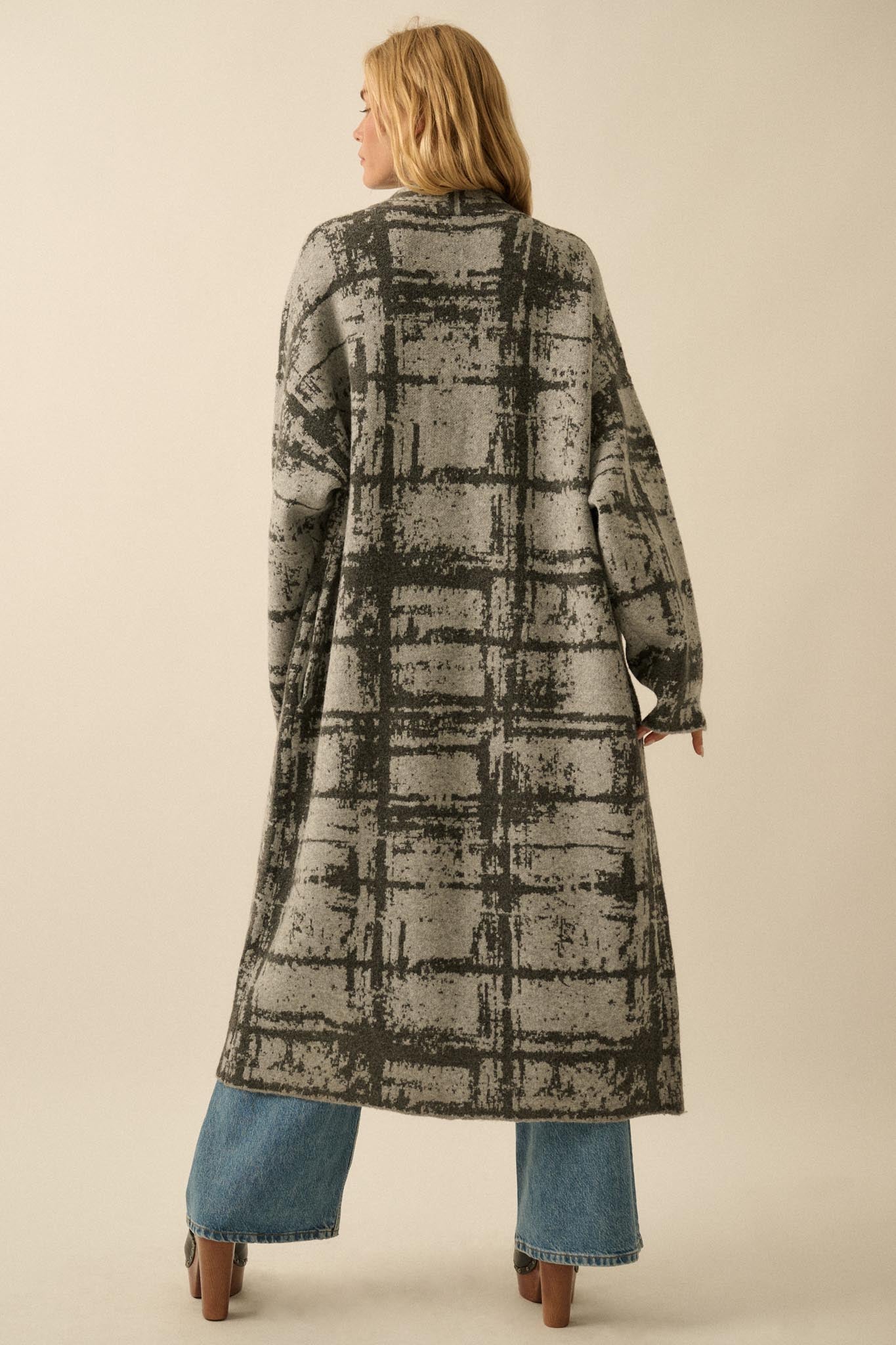 Square One Plaid Jacquard-Knit Duster Cardigan