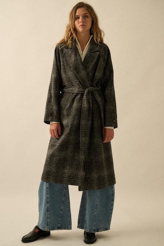 Check Point Plaid Tweed Belted Trench Coat