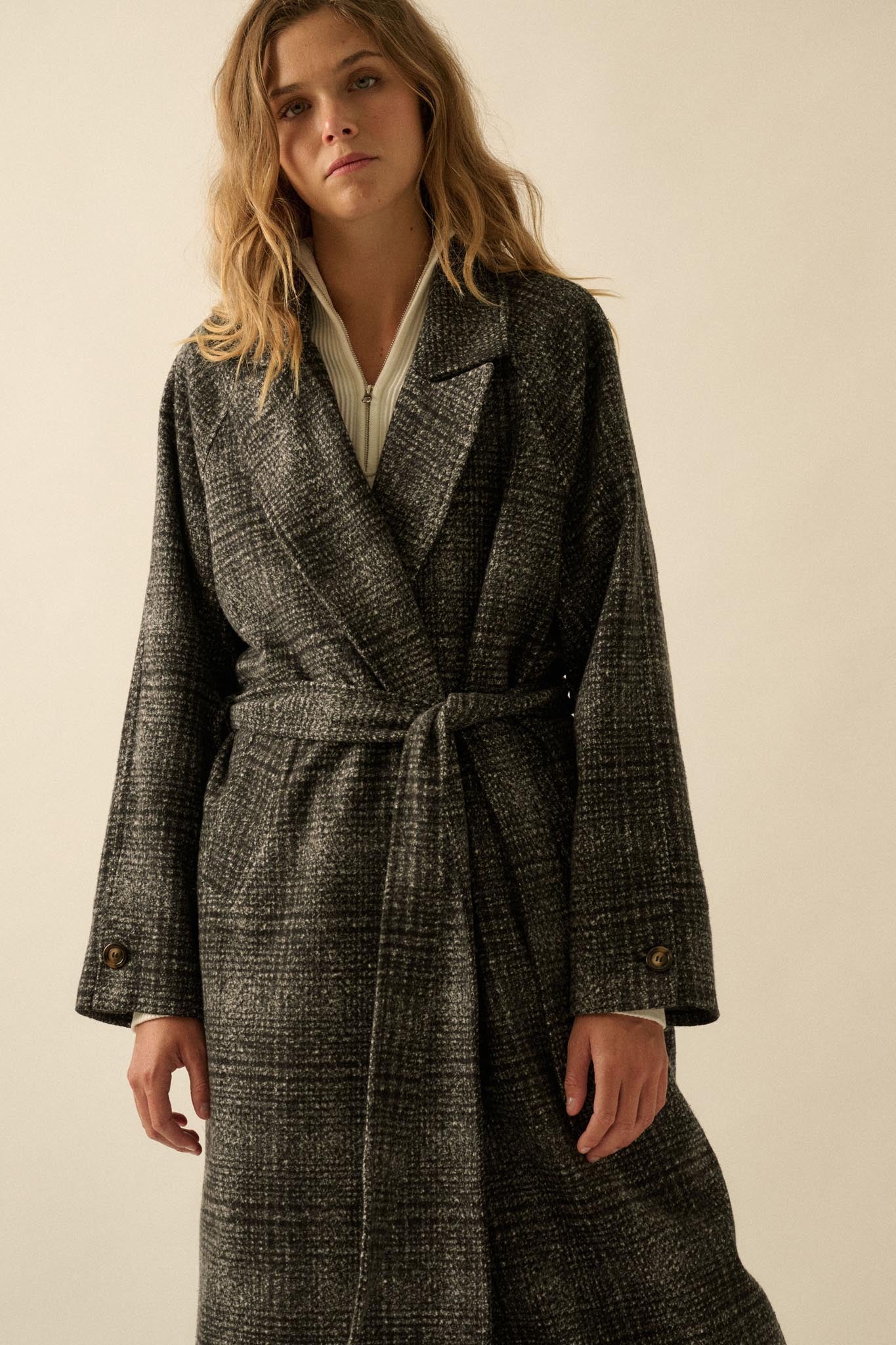 Check Point Plaid Tweed Belted Trench Coat