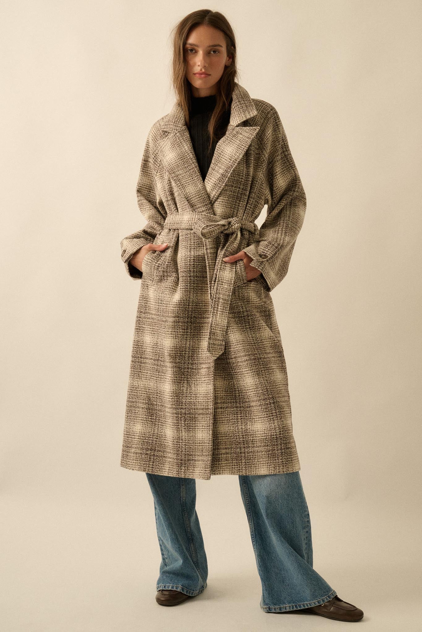 Check Point Plaid Tweed Belted Trench Coat