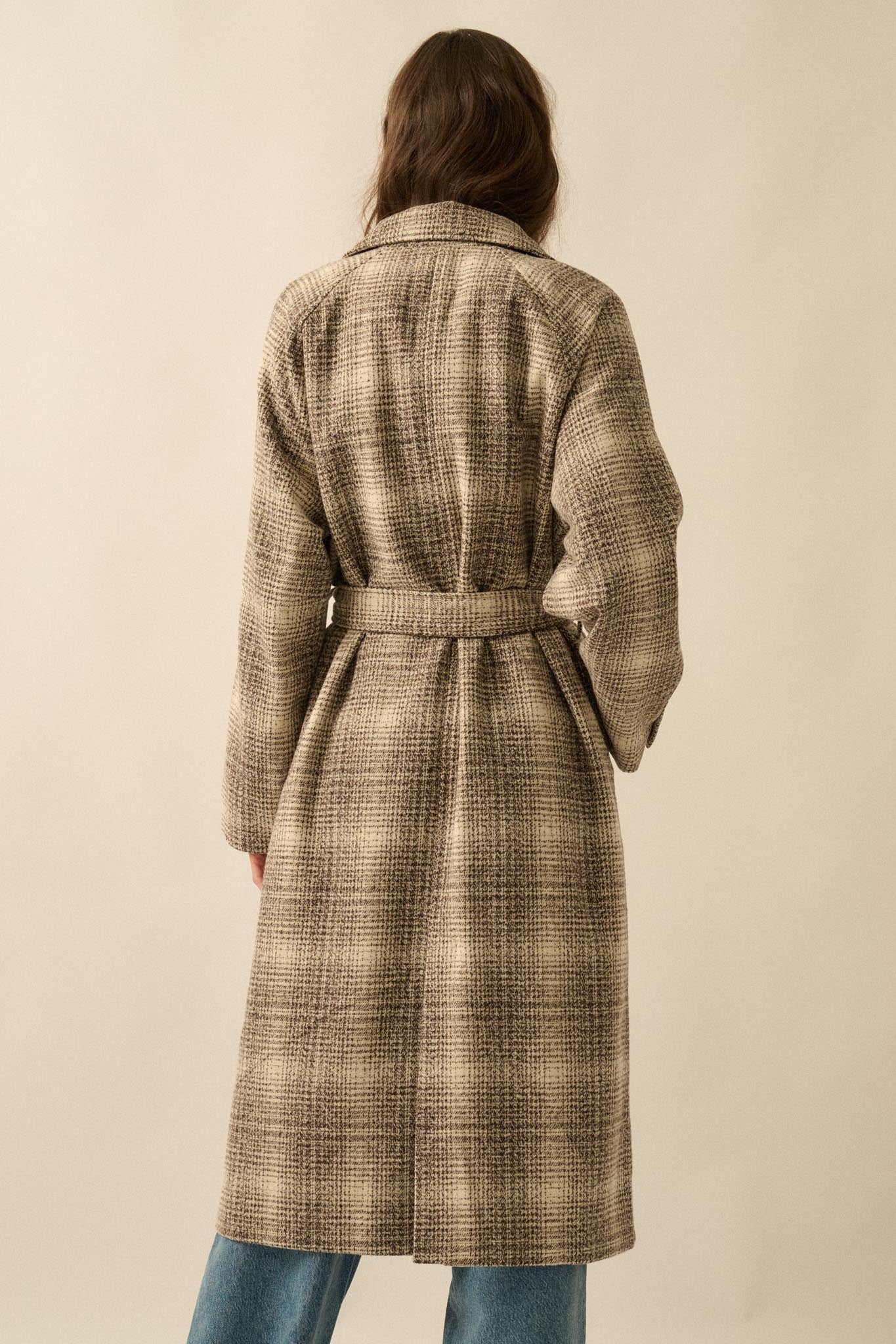 Check Point Plaid Tweed Belted Trench Coat