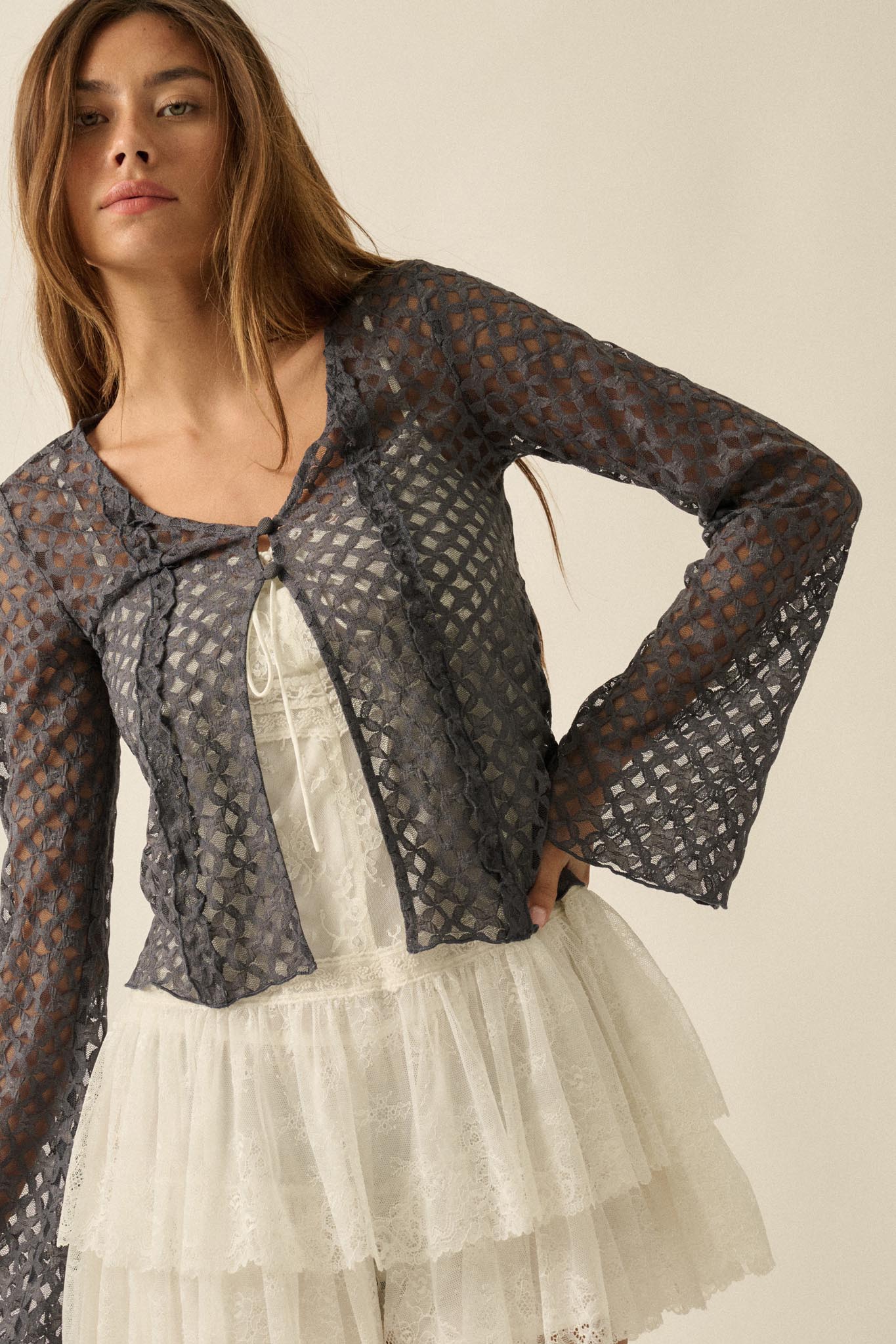 Kiss Me Quick Sheer Ruffled Floral Lace Cardigan