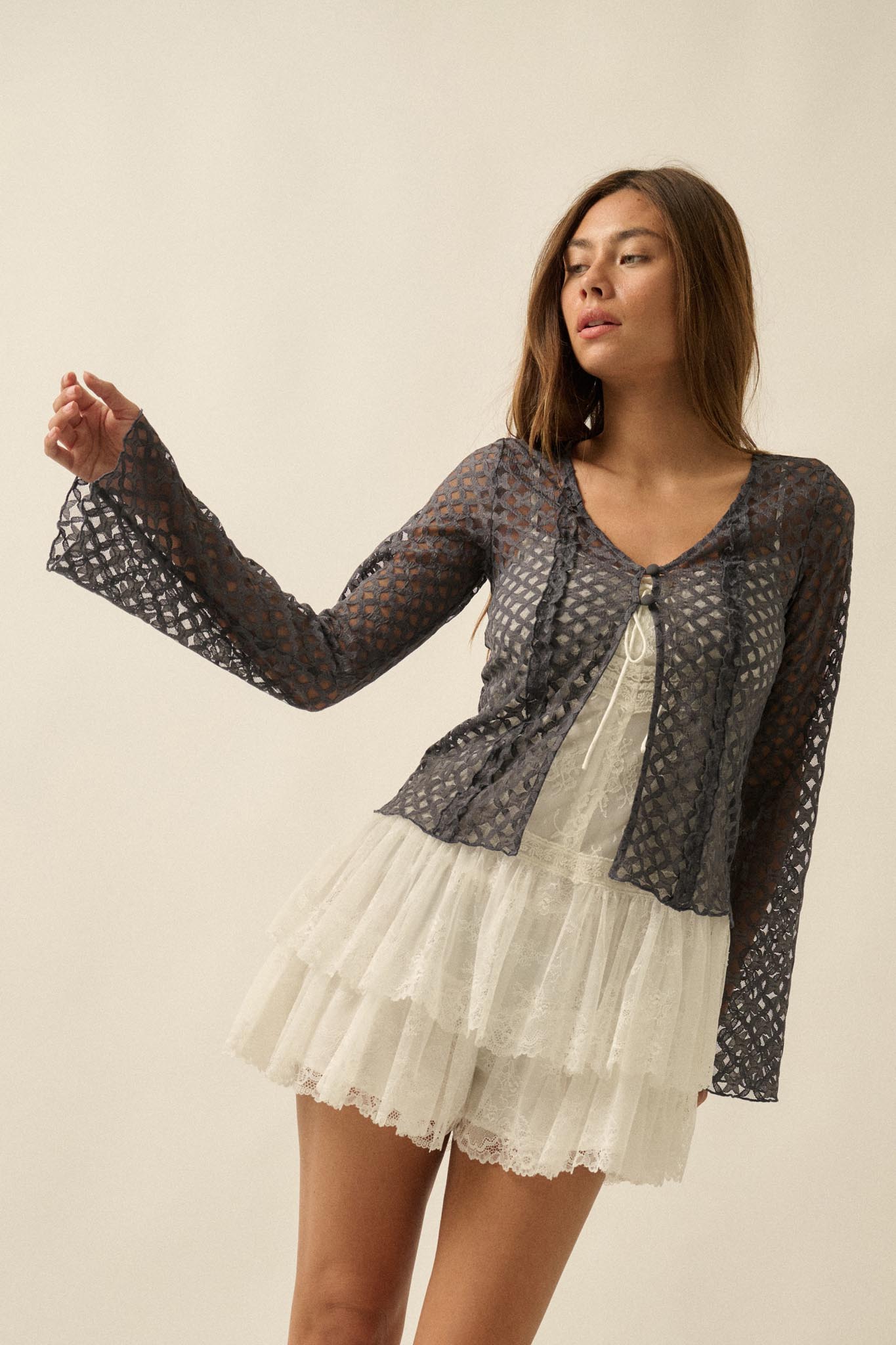 Kiss Me Quick Sheer Ruffled Floral Lace Cardigan