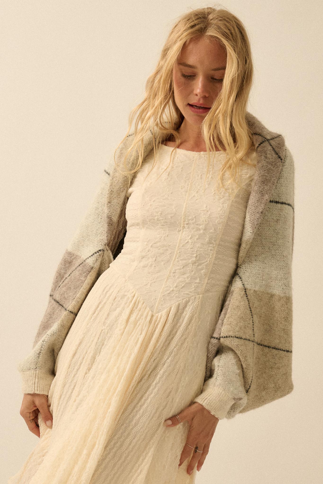 Across the Board Argyle Knit Shrug Cardigan