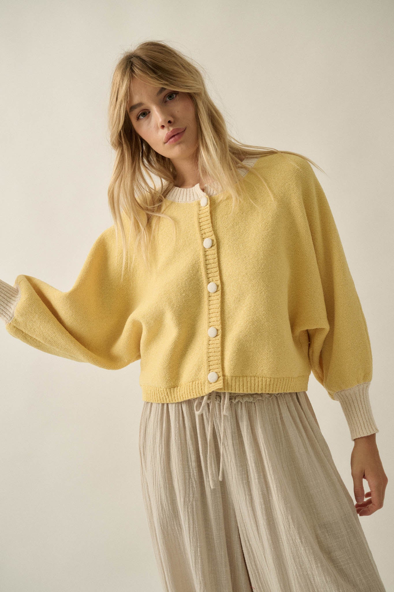 Ready or Not Contrast Knit Bubble-Sleeve Cardigan