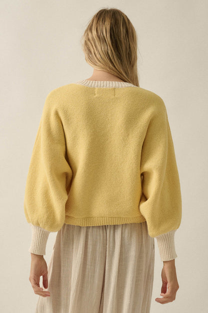 Ready or Not Contrast Knit Bubble-Sleeve Cardigan