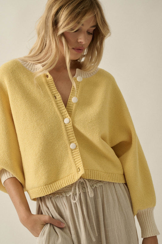 Ready or Not Contrast Knit Bubble-Sleeve Cardigan