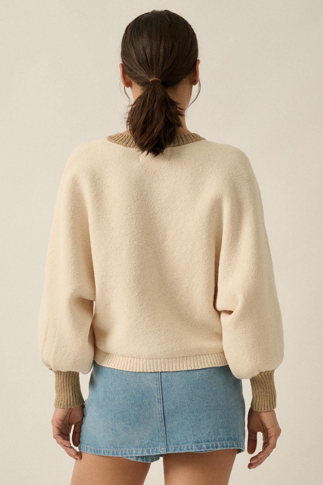 Ready or Not Contrast Knit Bubble-Sleeve Cardigan