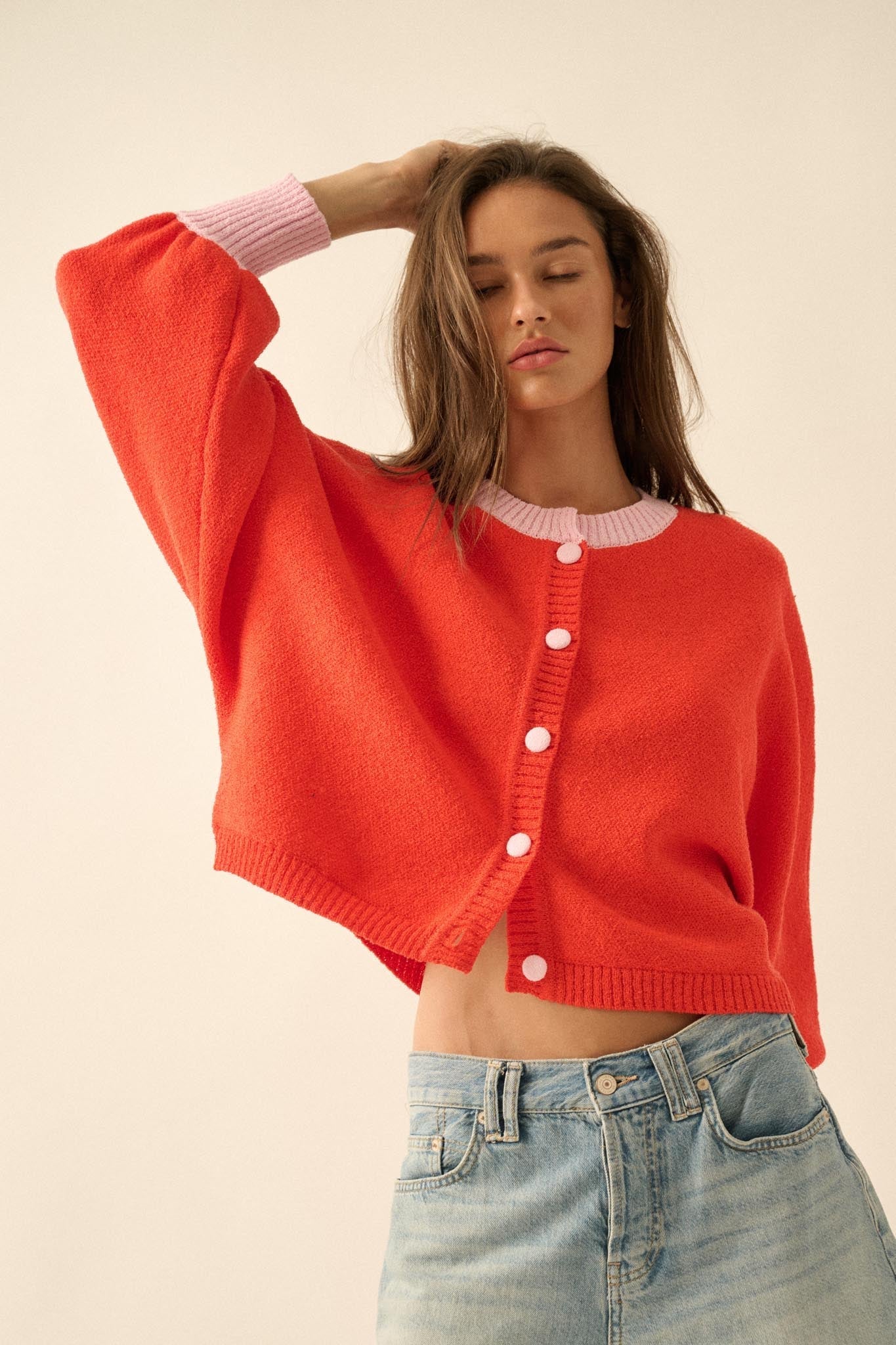 Ready or Not Contrast Knit Bubble-Sleeve Cardigan