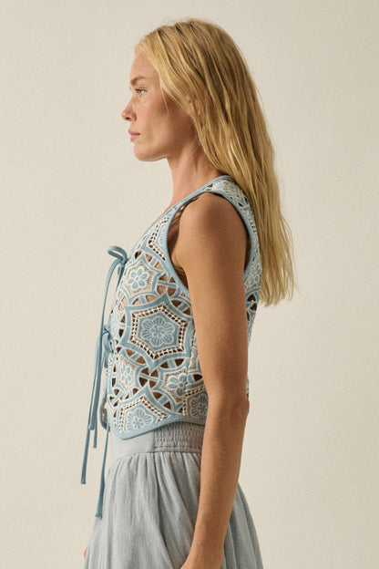 Blue Breeze Cutout Embroidered Denim Vest