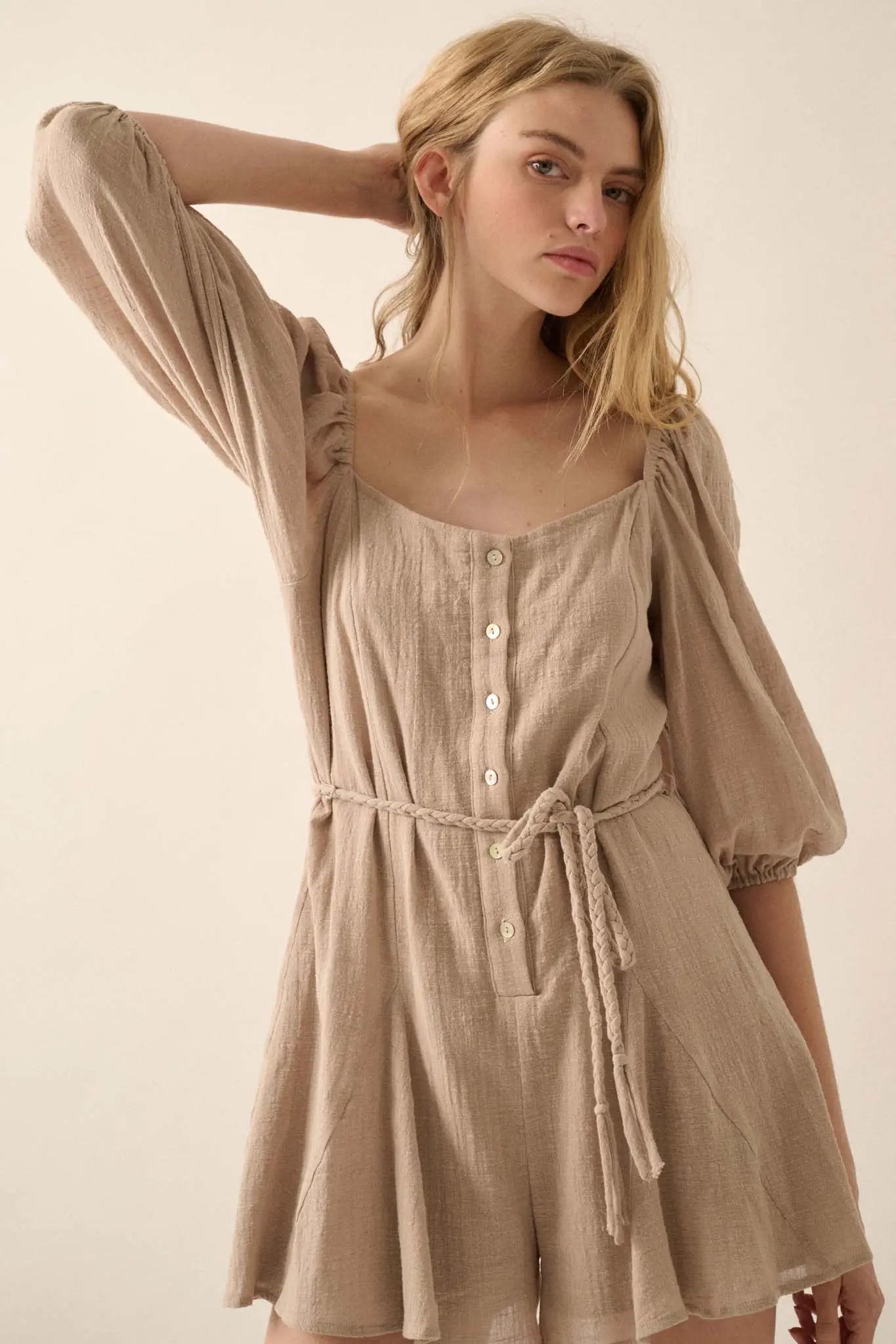 Refreshing Breeze Belted Puff-Sleeve Romper