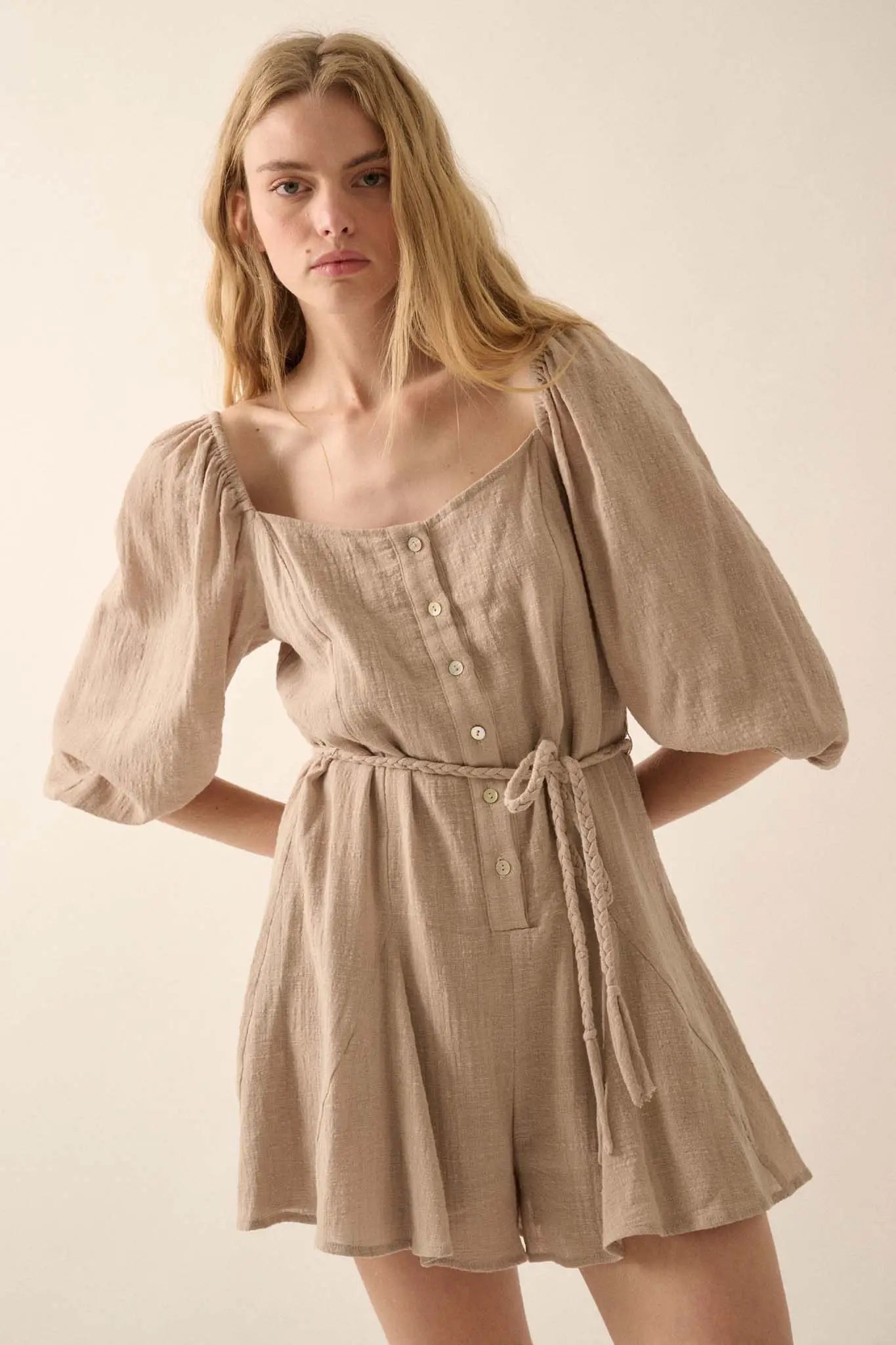 Refreshing Breeze Belted Puff-Sleeve Romper