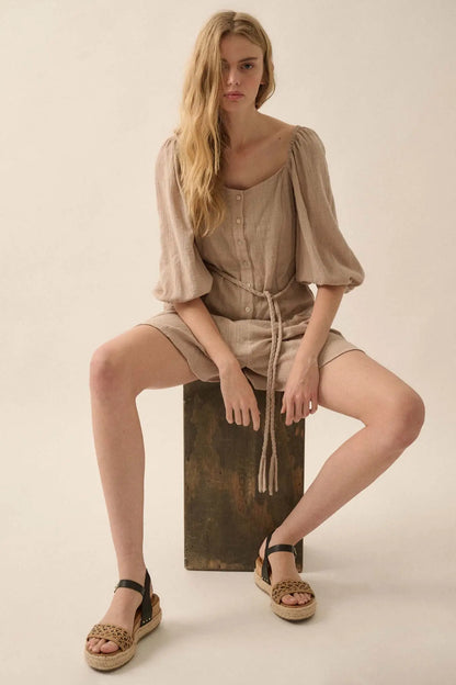 Refreshing Breeze Belted Puff-Sleeve Romper