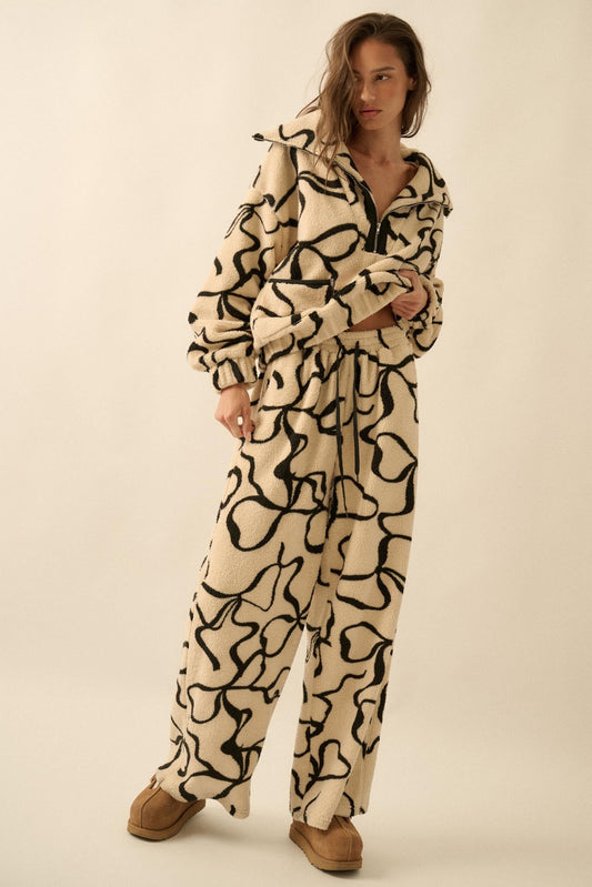 All Tied Up Bow-Print Fleece Wide-Leg Pants