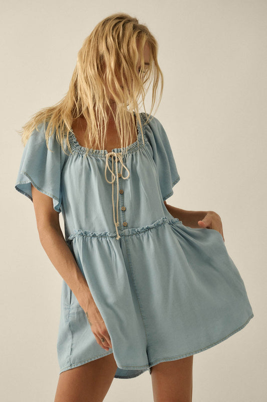 Skies Above Denim Tie-Neck Flutter-Sleeve Romper