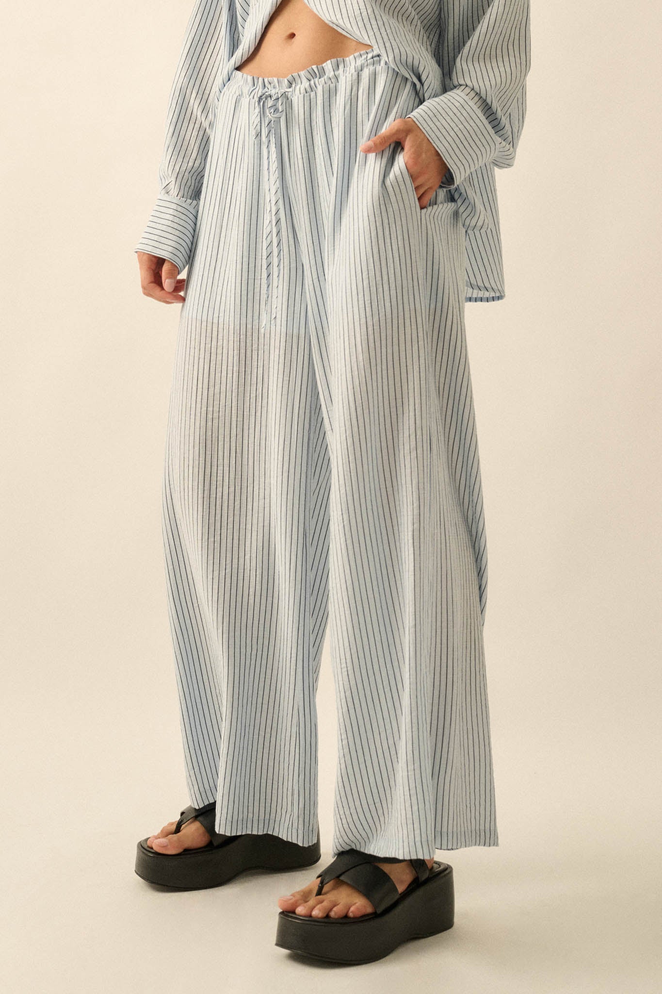 Lazy Weekend Pinstripe Wide-Leg Drawstring Pants