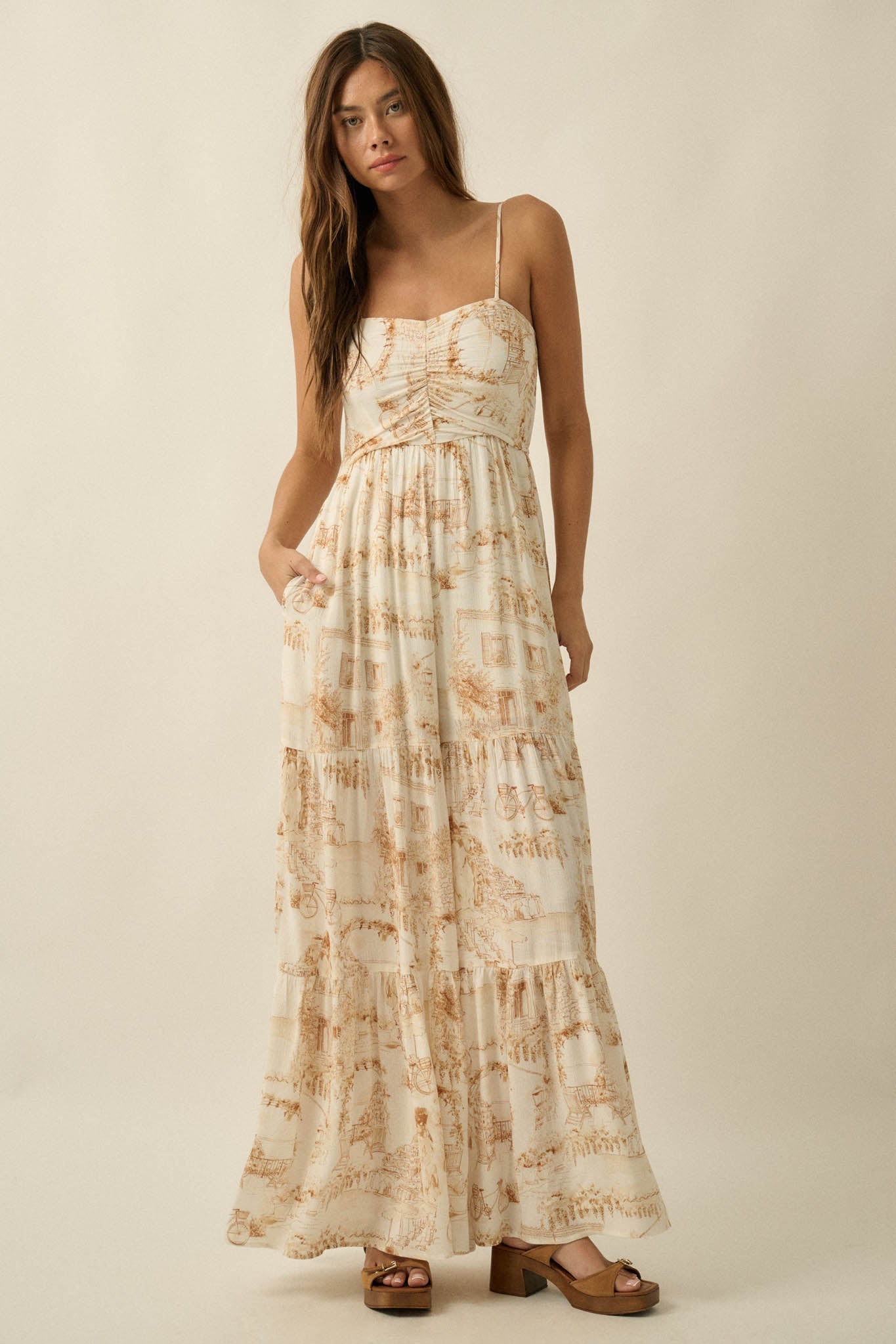 Beautiful View Toile Wide-Leg Tiered Jumpsuit