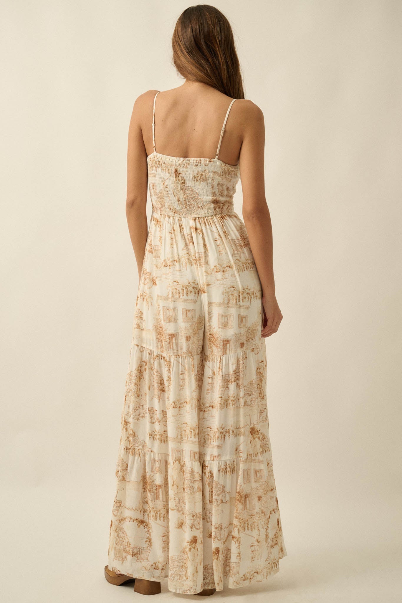 Beautiful View Toile Wide-Leg Tiered Jumpsuit