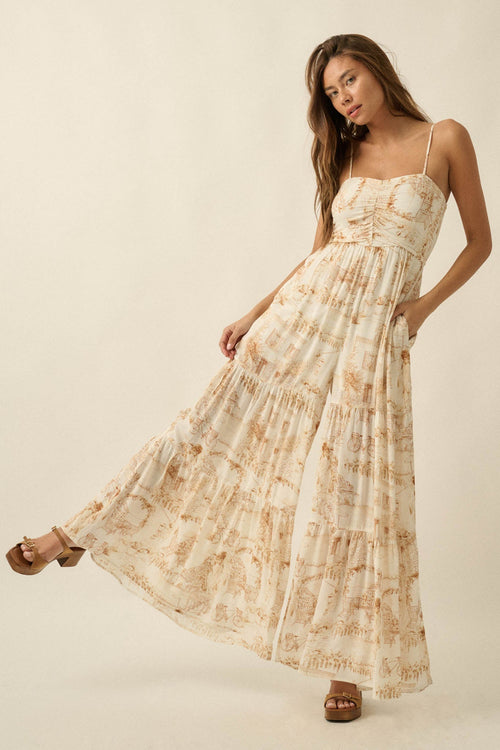 Beautiful View Toile Wide-Leg Tiered Jumpsuit