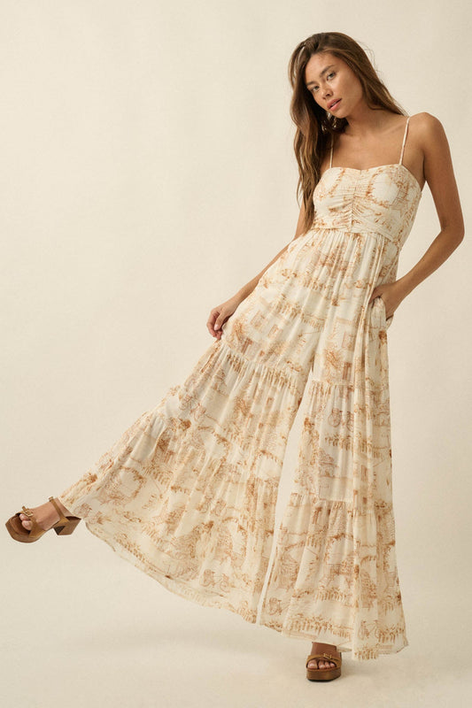 Beautiful View Toile Wide-Leg Tiered Jumpsuit