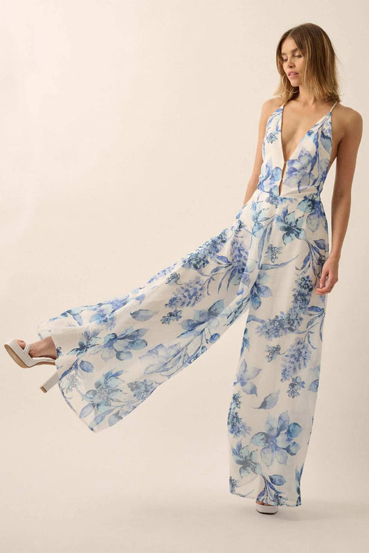 Garden Light Floral Chiffon Wide-Leg Cami Jumpsuit