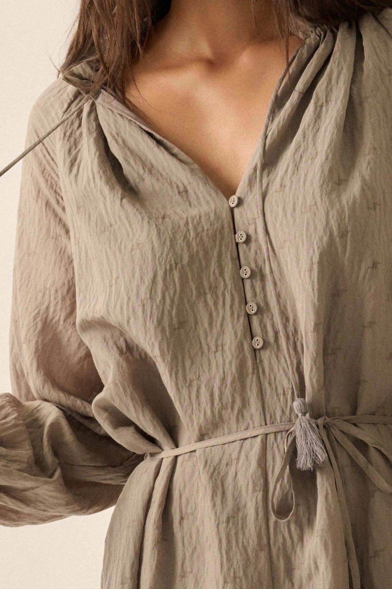 Poetic Heart Jacquard Peasant-Sleeve Belted Romper