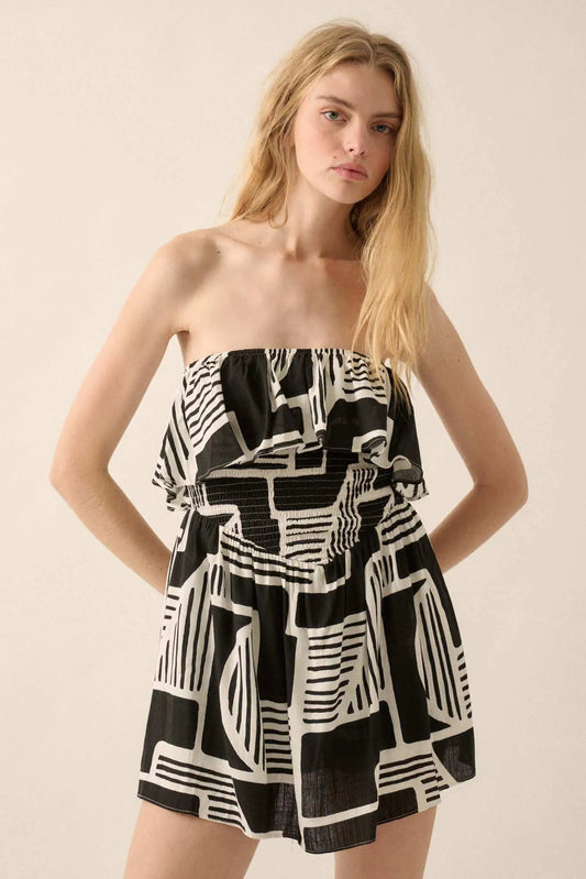 Shape of You Geo-Print Strapless Flounce Romper