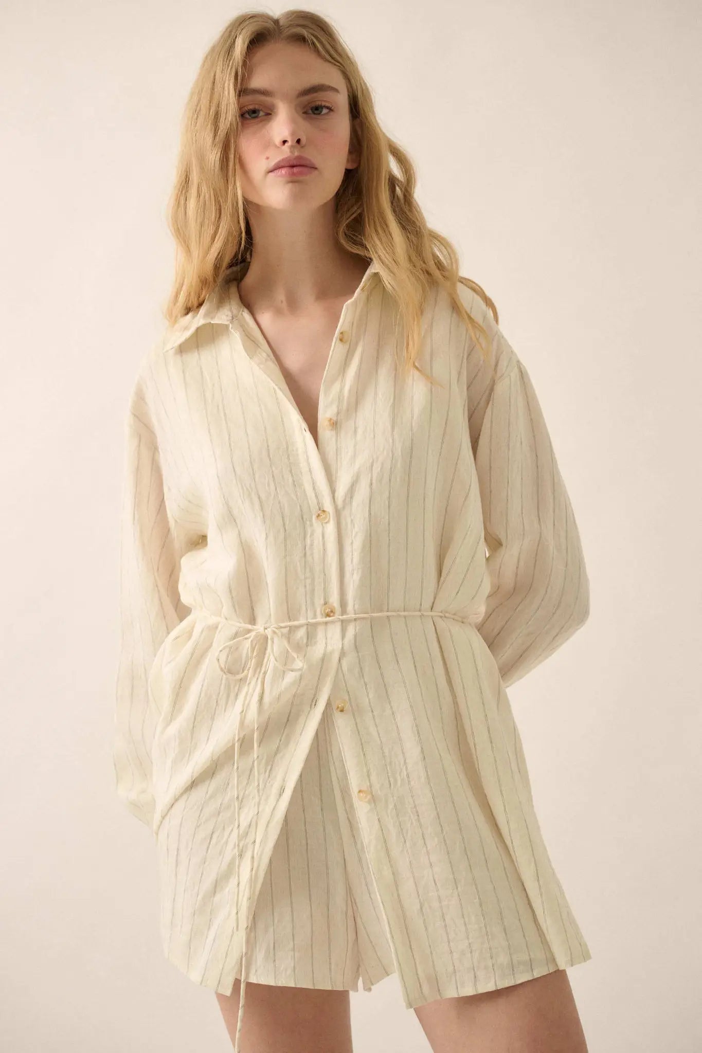 Line Item Pinstripe Belted Button-Up Shirt Romper
