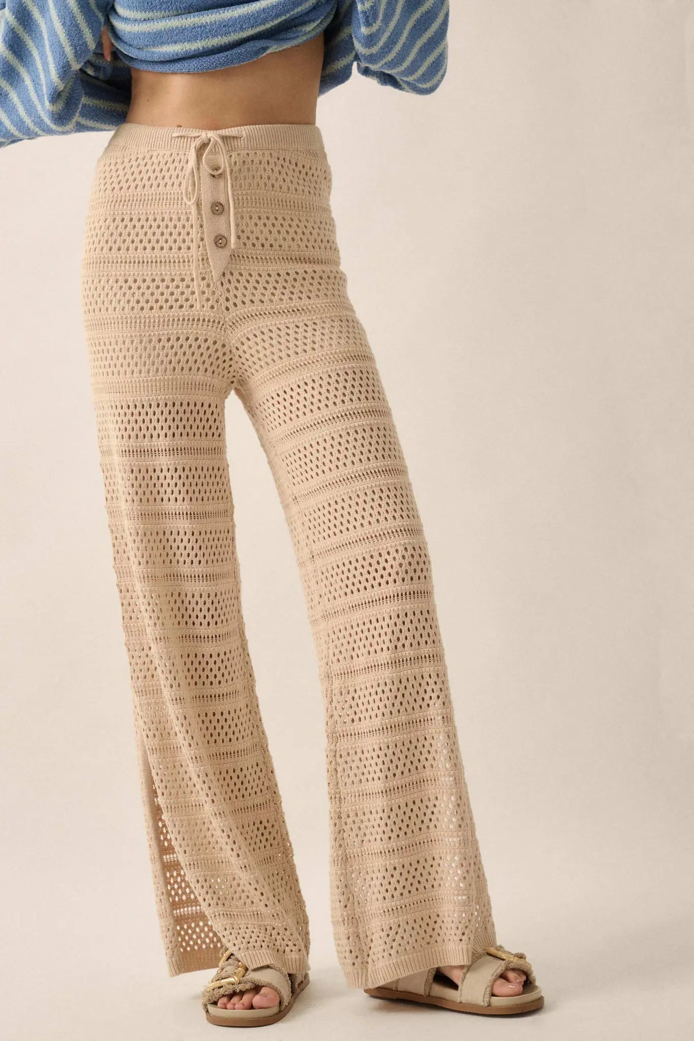 Peaceful Feeling Crochet Knit Split-Hem Pants