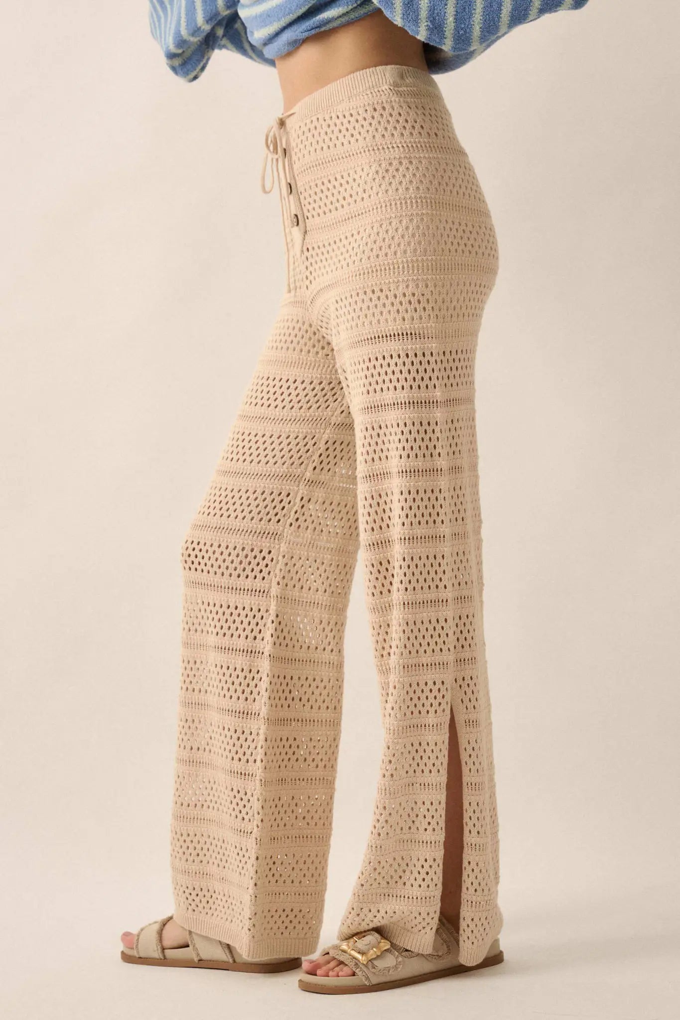 Peaceful Feeling Crochet Knit Split-Hem Pants