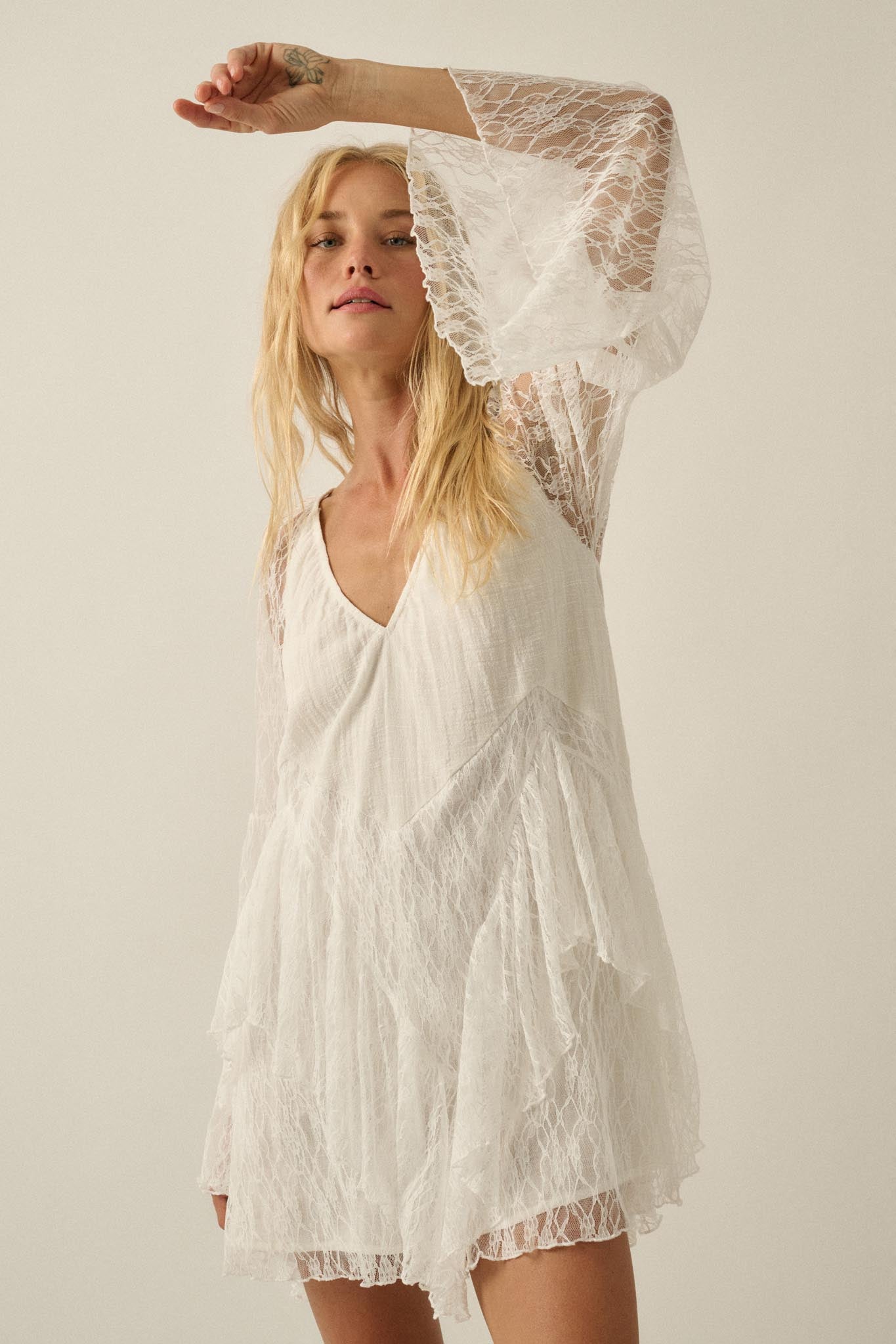 Morning Whisper Ruffled Lace Bell-Sleeve Romper