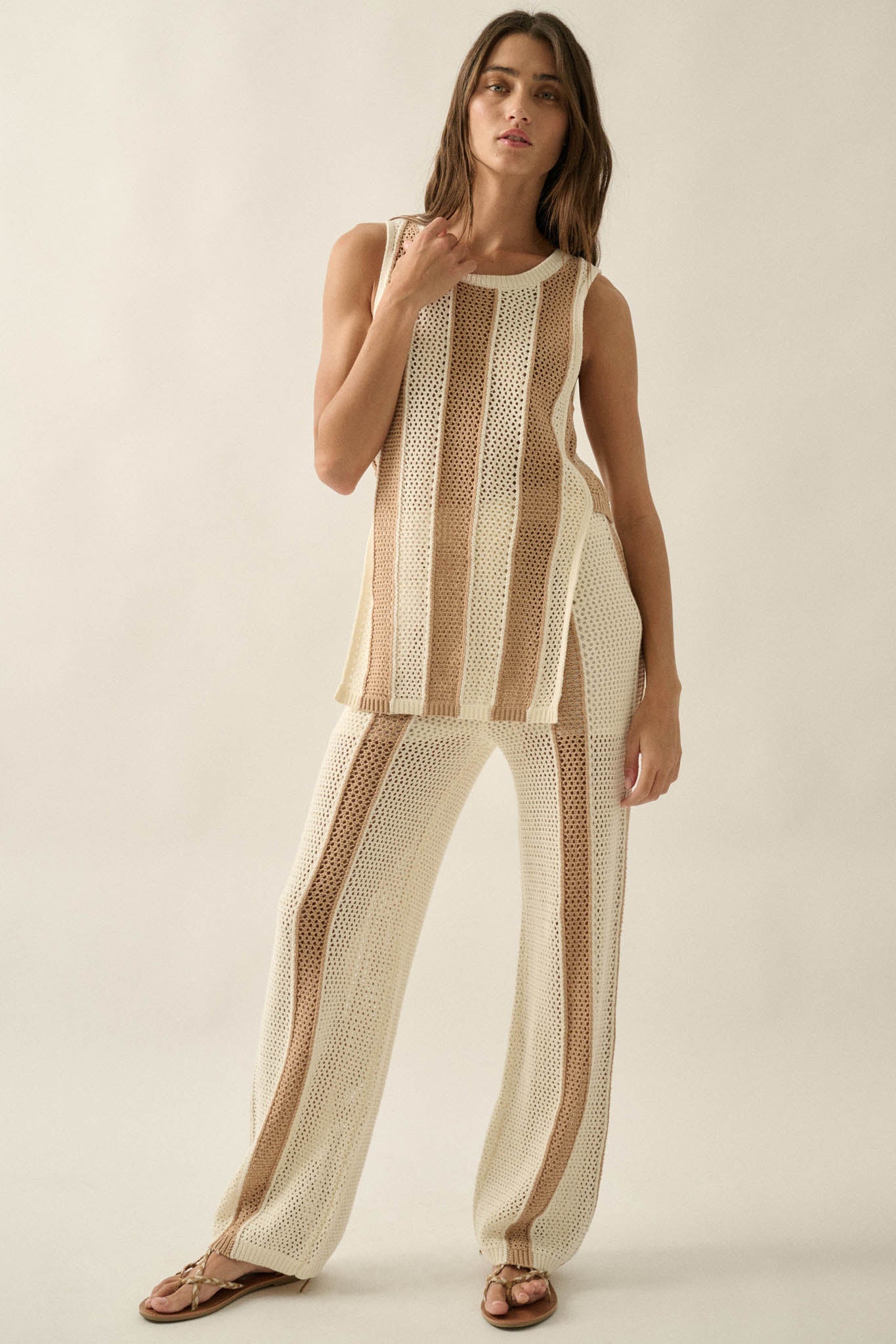 See You Soon Striped Crochet-Knit Sweater Pants