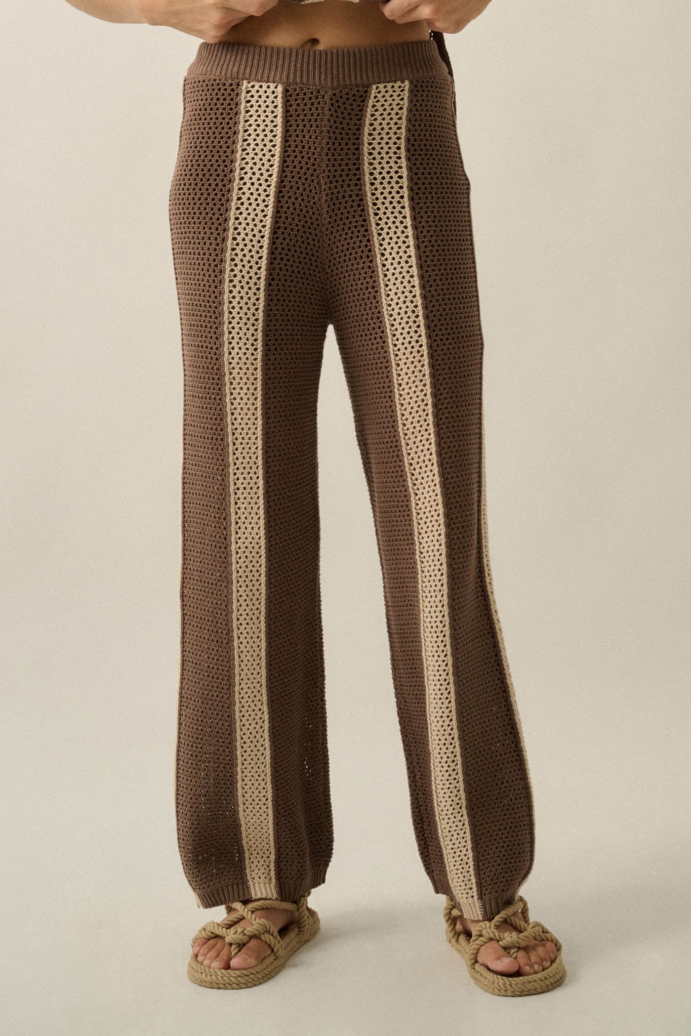 See You Soon Striped Crochet-Knit Sweater Pants