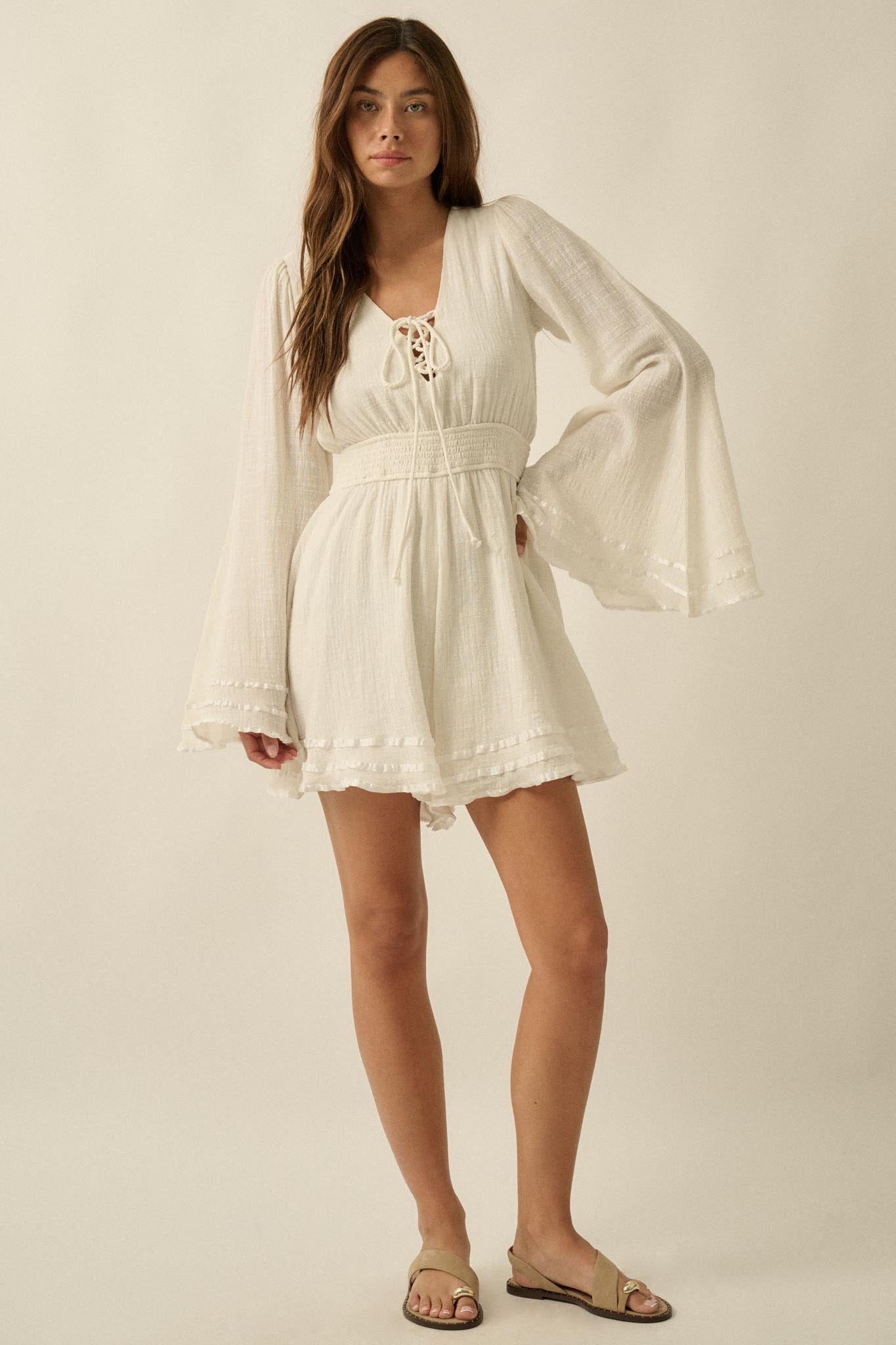 Feeling Free Cotton Lace-Up Bell-Sleeve Romper