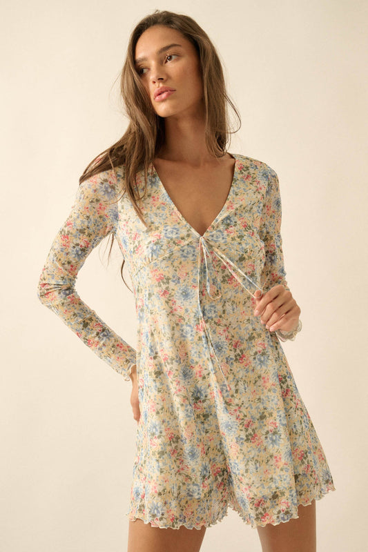 Budding Love Floral Mesh V-Neck Long-Sleeve Romper