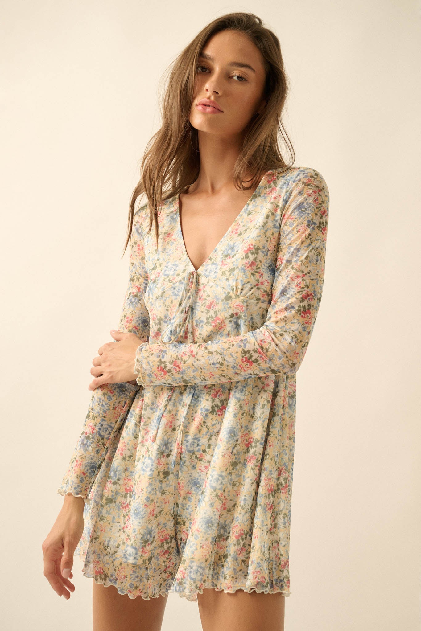 Budding Love Floral Mesh V-Neck Long-Sleeve Romper
