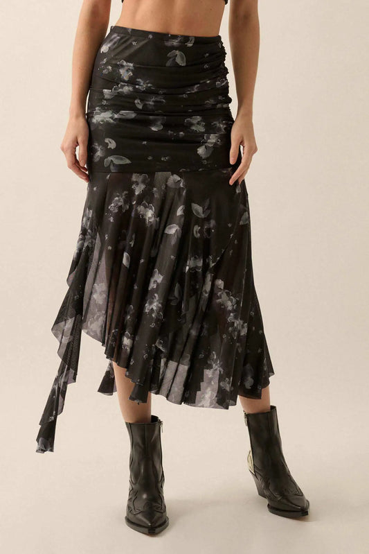 Blooming Shadows Floral Mesh Drop-Waist Midi Skirt
