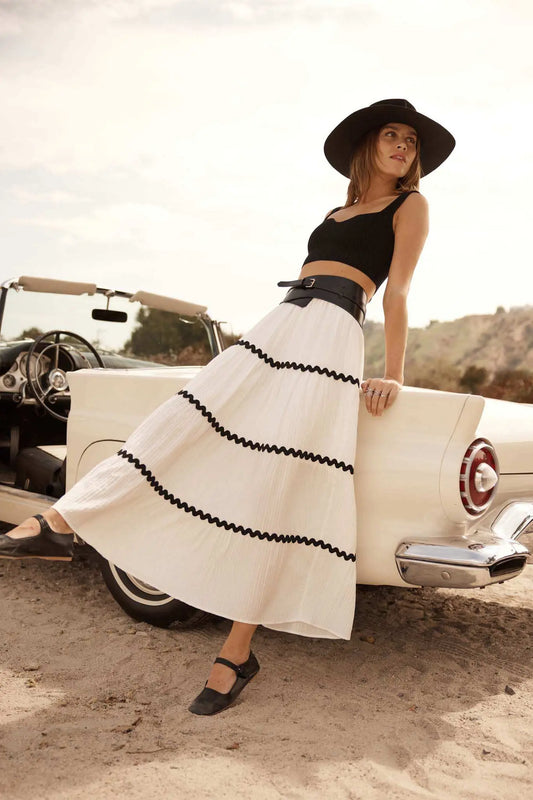 Blissful Breeze Rickrack-Trim Tiered Maxi Skirt