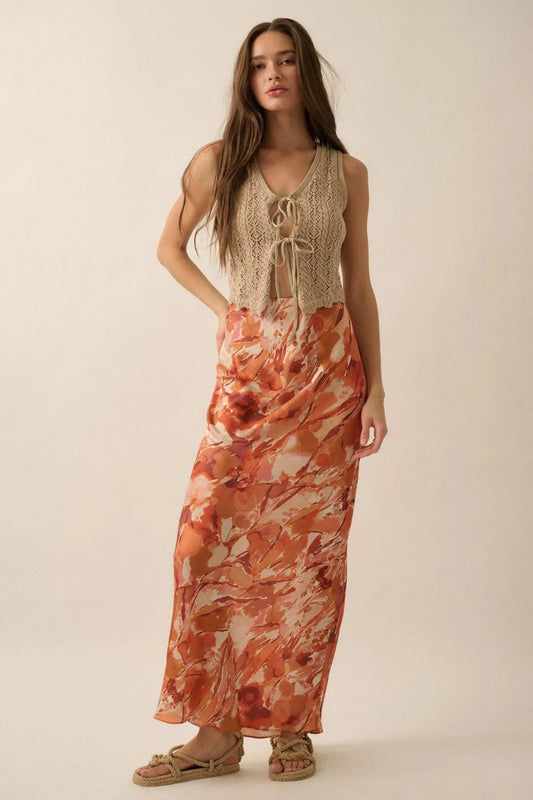 Dream Weaver Abstract-Print Satin Maxi Skirt