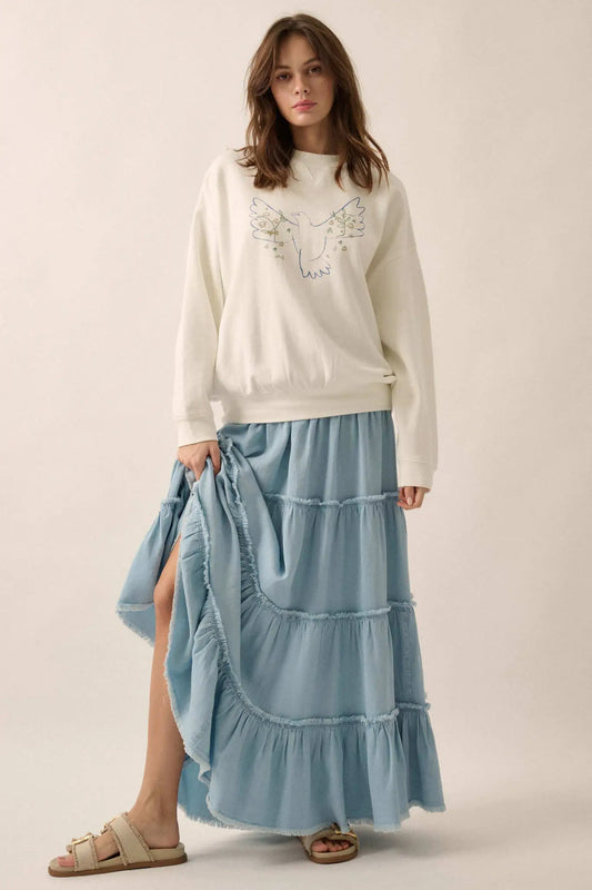 Feeling Blue Denim Raw-Edge Tiered Maxi Skirt