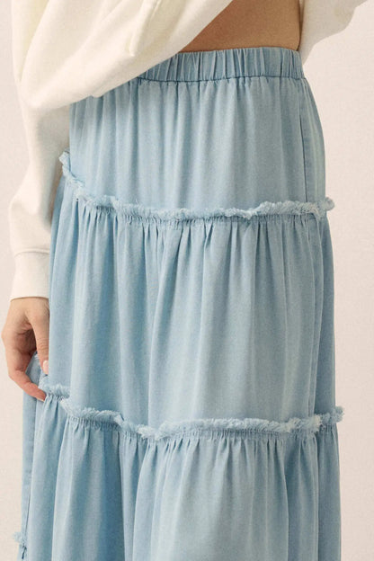 Feeling Blue Denim Raw-Edge Tiered Maxi Skirt