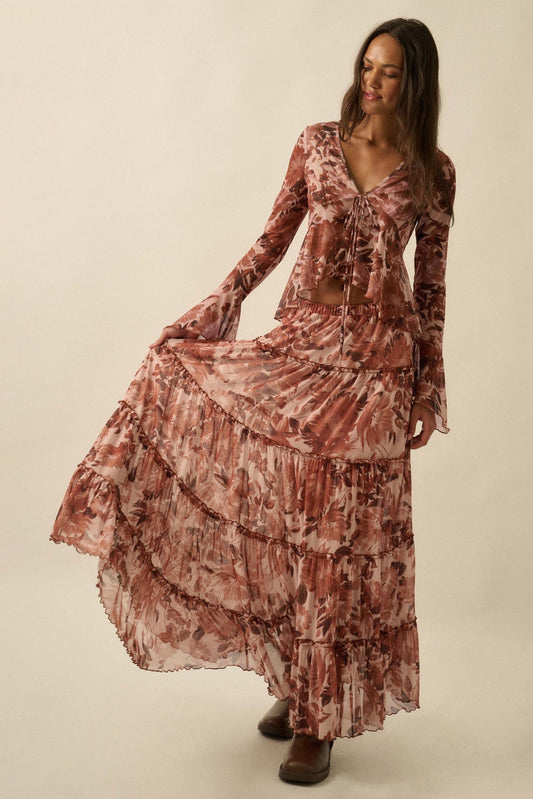 Gorgeous Garden Floral Mesh Tiered Maxi Skirt