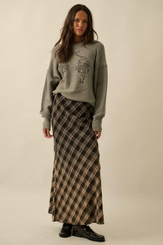Modern Tartan Bias-Cut Plaid Maxi Skirt