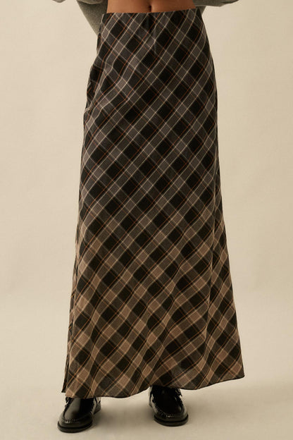 Modern Tartan Bias-Cut Plaid Maxi Skirt